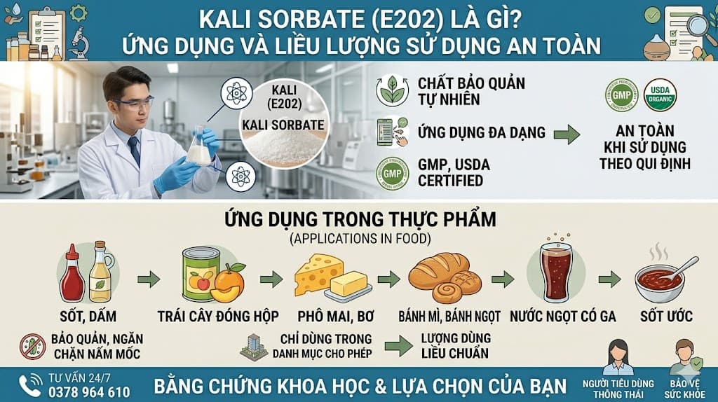 Kali Sorbate (E202) là gì? Ứng dụng và liều lượng sử dụng an toàn
